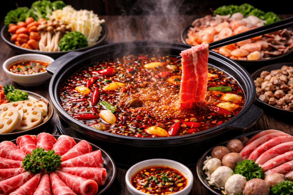 女子吃麻辣火锅